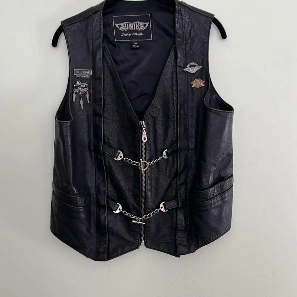 Vintage UNIK SZ LG Adjustable Leather Vest & Neck Cover Embroidered W/Event Pins